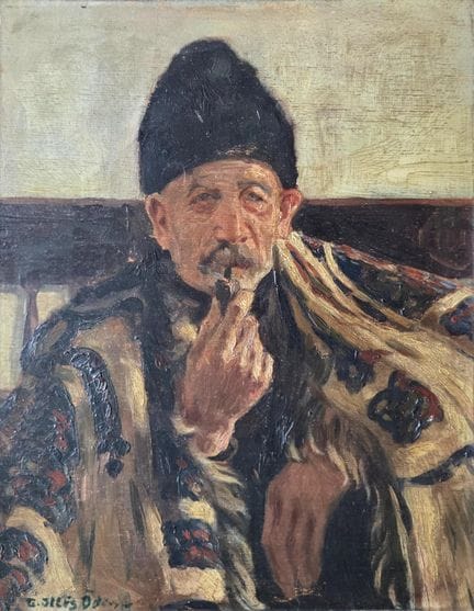 奥东·埃德维-伊勒斯（1877-1946）（匈牙利画派）
《戴圆顶帽的男子肖像》。
木板油画，左下角