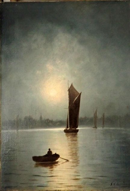 尼尔斯·汉斯·克里斯蒂安森（1850-1922）《夕阳下的船只》，HST SBD，36 x 25 厘
