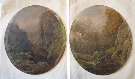 19世纪英国画派，河畔风景，一对椭圆形纸板油画（采用提色技法？），签名待辨，24.5 × 22 厘米