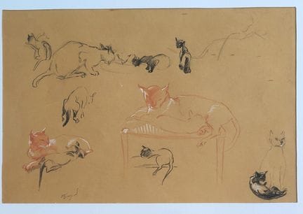 Eliane DEVERLY (1914-2012) 
Les chats. 
Sanguine, 