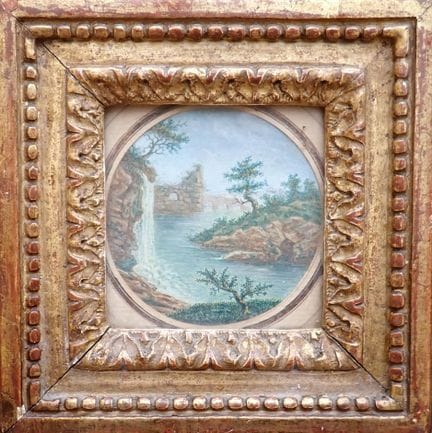 18世纪意大利画派作品，描绘卡斯卡泰莱与罗马桥，水粉圆画，绘于纸上，配有精美的同时期雕花镀金木框，画