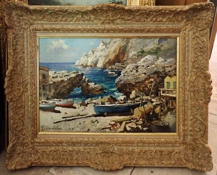 费利切·乔尔达诺（1880-1964）《海湾中的渔夫》，HST SBG，34.5 × 49.5 厘米