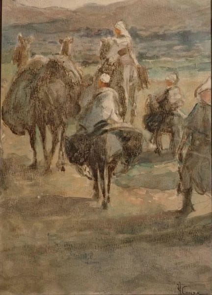 Henri CAMAX (XIX-XX secolo) Caravanserraglio, acqu