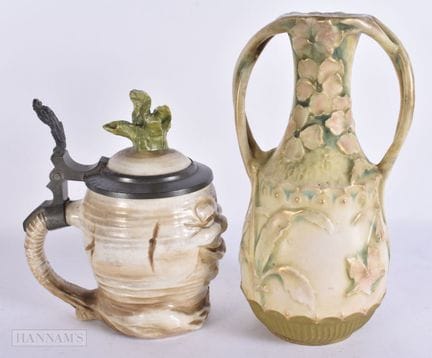 AN AUSTRIAN TWIN HANDLED AMPHORA VASE together wit