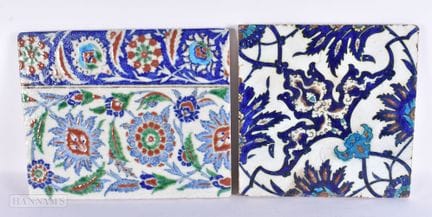 TWO MIDDLE EASTERN OTTOMAN IZNIK TILES. Largest 34