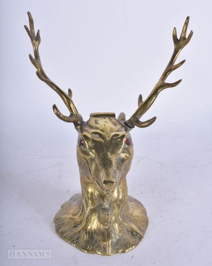 AN UNUSUAL ANTIQUE BRONZE STAG INKWELL. 21 cm x 15