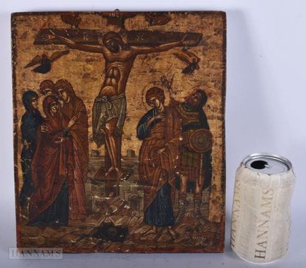 Eine bemalte und lackierte russische Holzikone aus