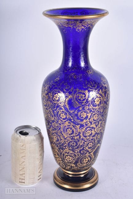 A LARGE 19TH CENTURY BOHEMIAN BLUE GILDED GLASS VA