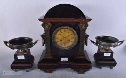 A VICTORIAN BRONZE MARBLE CLOCK GARNITURE. Largest