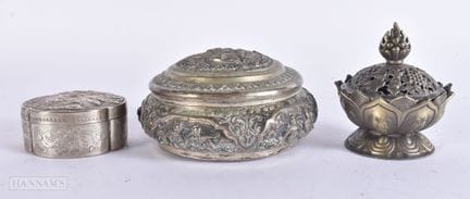 TWO ORIENTAL WHITE METAL BOXES together with a bra