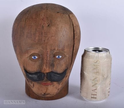 AN ANTIQUE FOLK ART GENTLEMAN MANNEQUIN HEAD. 22 c