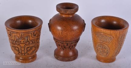 THREE CHINESE CARVED HORN TYPE LIBATION CUPS. 14.5
