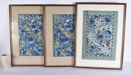 THREE 19TH CENTURY CHINESE SILK EMBROIDERED BUTTER