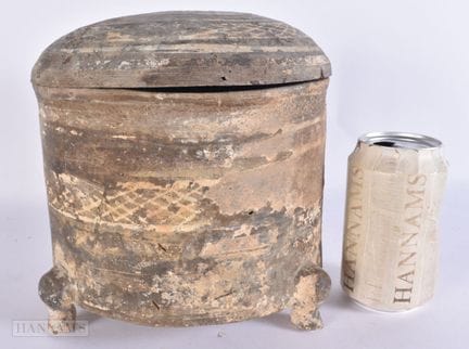 A CHINESE HAN DYNASTY TRIPOD POTTERY VESSEL AND CO