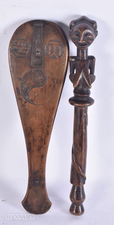 AN AFRICAN TRIBAL FERTILITY WOOD STAFF together wi
