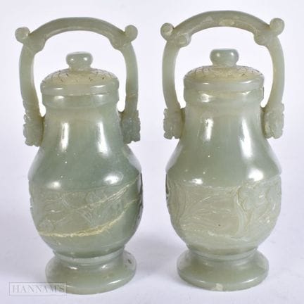 A PAIR OF CHINESE JADE VESSELS AND COVERS. 12.75 c