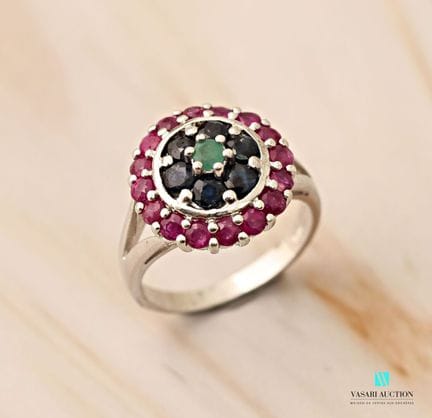 Bague en argent 925 millièmes ornée de rubis, saph