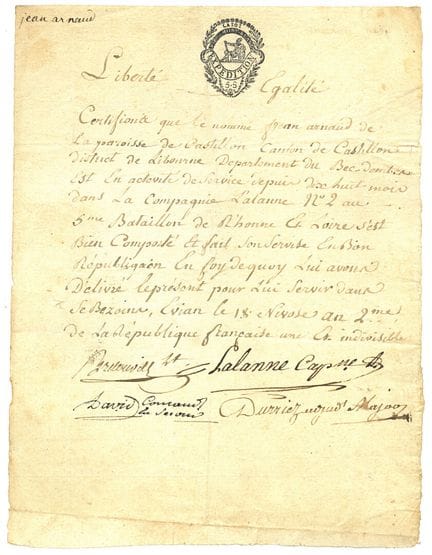 Militaria: FRANZÖSISCHE REVOLUTION/Jahr II 1794/Be