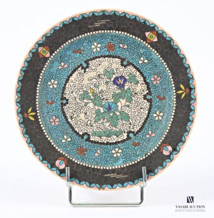 Glazed, cloisonné ceramic dish decorated with rows