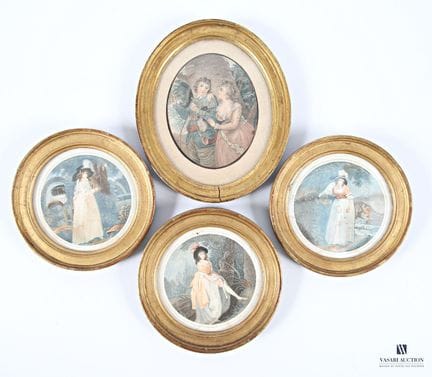 Suite de trois gravures en couleur figurant des po