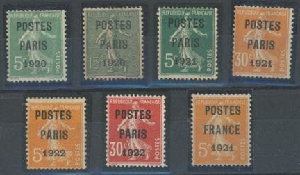 Francia: Preos Semeuse 1920/22, 7 valori, (X), quo