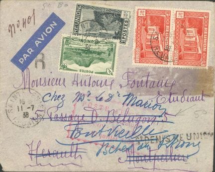 Réunion 1938 : belle lettre vers la France et cach