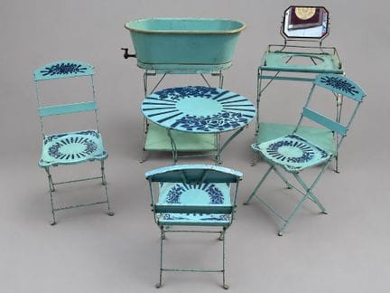 Painted metal doll furniture set including a batht