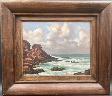 Olio su tavola raffigurante un paesaggio costiero 