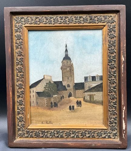 Oil on wood panel, view of a Breton church square 