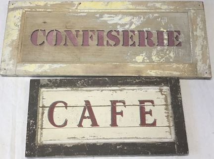 2 vintage wooden signs:
The first, “Café,” measure