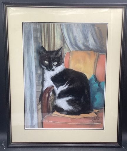 Litografia raffigurante un gatto seduto su una pol