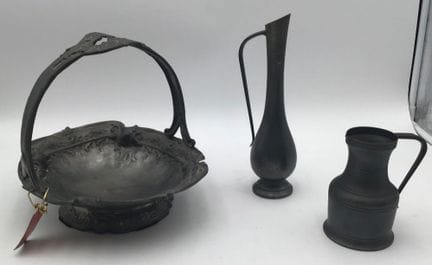 Set of 3 pewter items, including a fruit basket fr