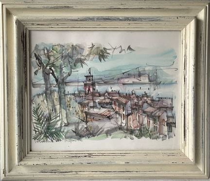 A framed ink and pencil drawing on paper depicting