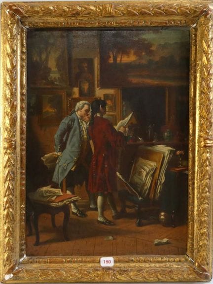 Kunstliebhaber in einem Arbeitszimmer. Öl auf Maha