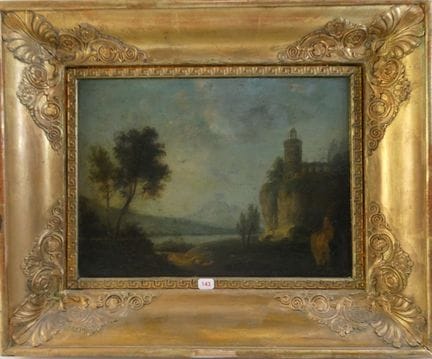 Ruinen in einer romantischen Landschaft. Öl auf Ku