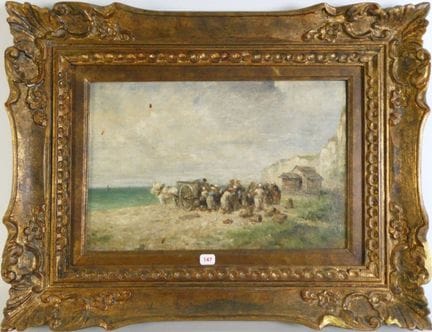 Der Fischmarkt am Strand. HST auf Karton aufgezoge