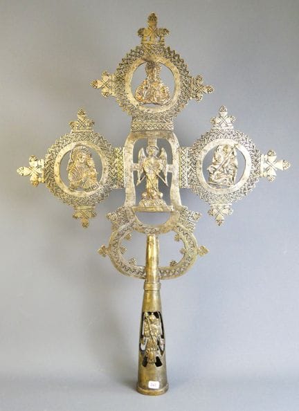Croce da processione etiope in bronzo argentato, c