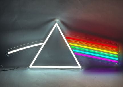 Letrero luminoso de Pink Floyd con prisma luminoso