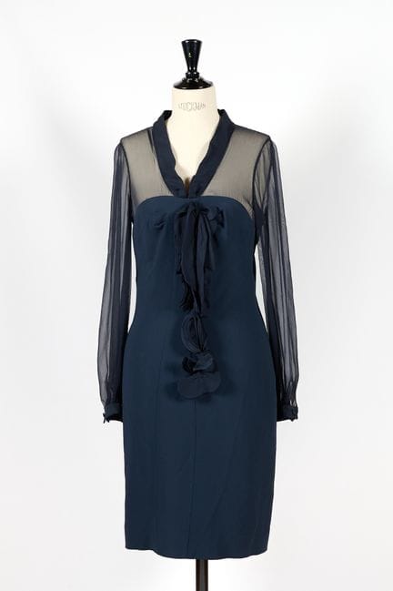 VALENTINO. 
Abito in crêpe e mussola blu navy, con