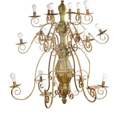 Large rustic ceiling lamp made of carved and paint