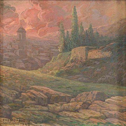 SPANISH SCHOOL. 1945

"Village Landscape."
Oil on 