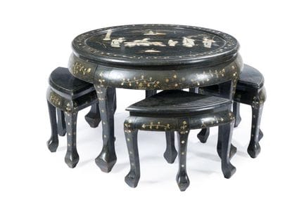 Round tea table and four nesting stools, China, c.