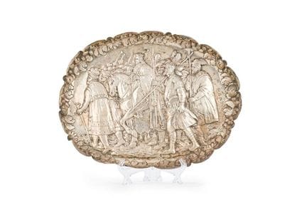 Spanish silver tray with an embossed scene of a mi