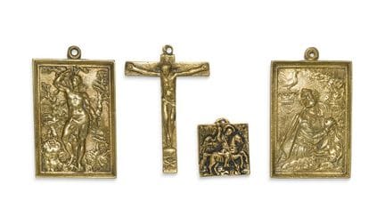 Set of 4 gilded bronze candlesticks, featuring St.
