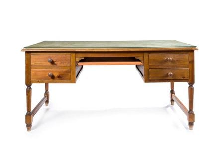 Pine wood desk. Front with two drawers. Glass top.