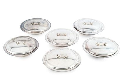 Set of six silver-plated corner vases with their c