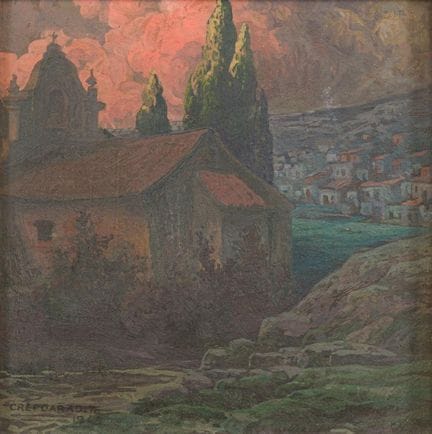 SPANISH SCHOOL, 1945

"Village Landscape."
Oil on 