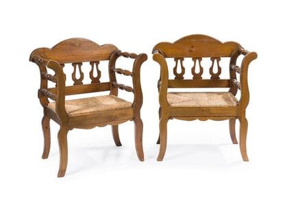 Pair of pine wood armchairs with turned arms and l