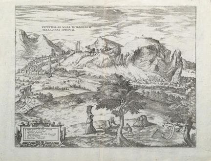 "Ancient bird's-eye view map of Terracina," create