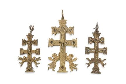 Set of three Carava crosses in gilded bronze, c. 1
